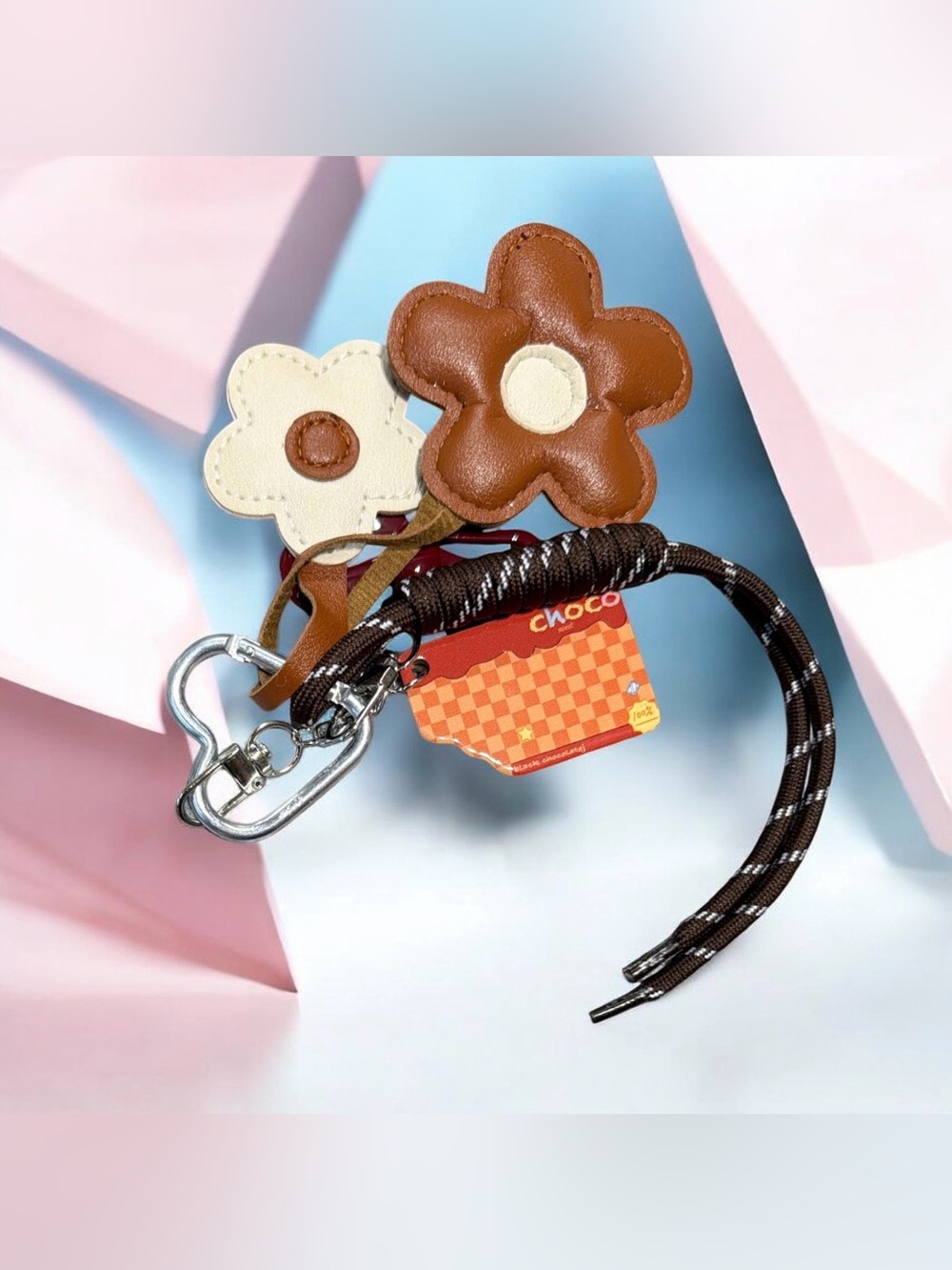 Flower Bag Charm Cozy Autumn Chocolate & Leather Keychain NEW